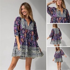 Natural Life Aimee Short Dress Colonial Hocus Pocus Blockprint Purple Size M